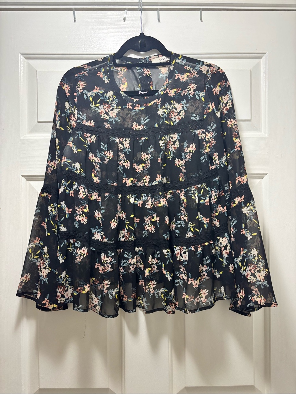 Ro & De Black Sheer Floral Tiered Blouse
